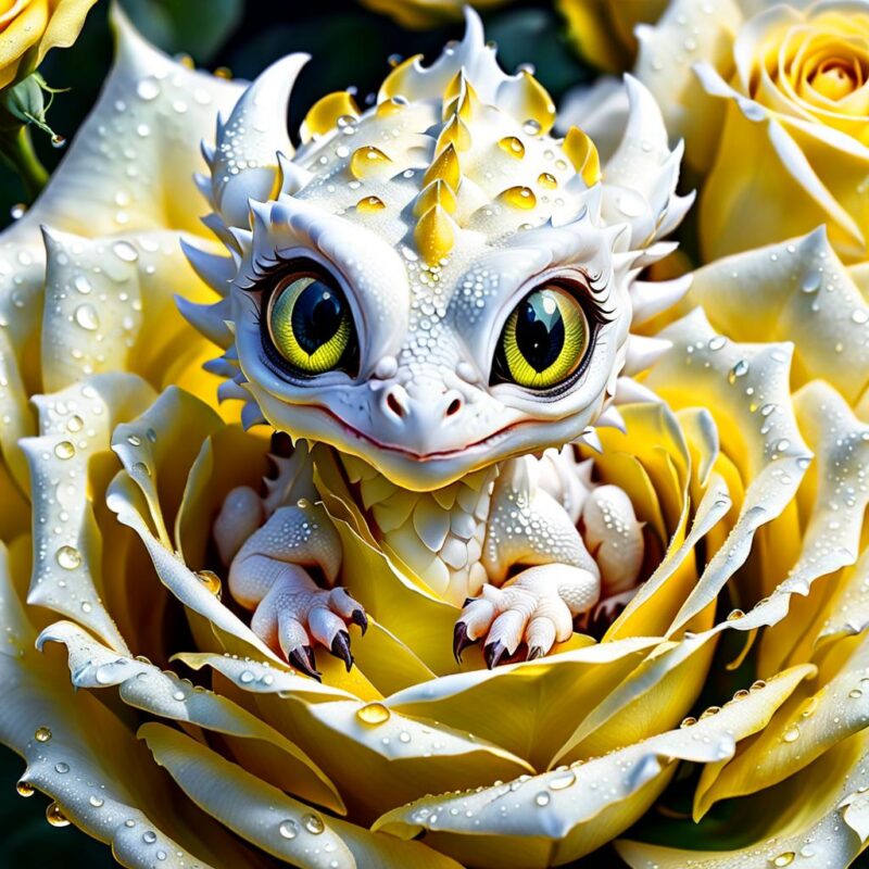 Baby Dragon Curled Up Inside Rose