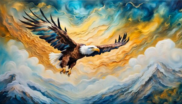 Beautiful Painting Of An Eagle Gliding Through Clouds