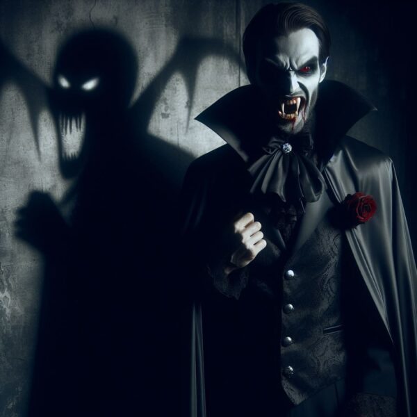 DALL-E 3 Photograph of a Man in a Vampire Costume with a Scary Shadow