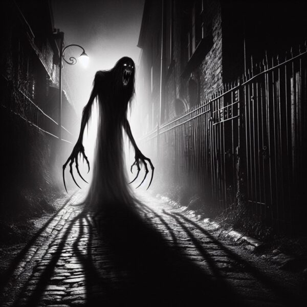 DALL-E 3 Black and White Photo of a Terrifying Ghostly Woman with Long Claws