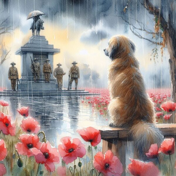 DALL-E 3 Watercolor of an Old Dog Staring at a War Memorial 3