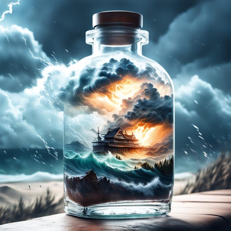 Double Exposure Of A Raging Storm In A Glass Bottle