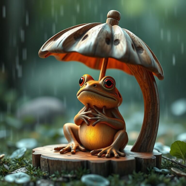 Intricate Wood Carving Of A Frog Sitting Under An Umbrella 01