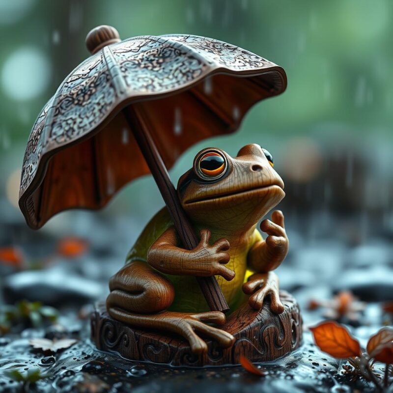 Intricate Wood Carving Of A Frog Sitting Under An Umbrella 02