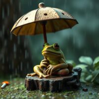 Intricate Wood Carving Of A Frog Sitting Under An Umbrella 03