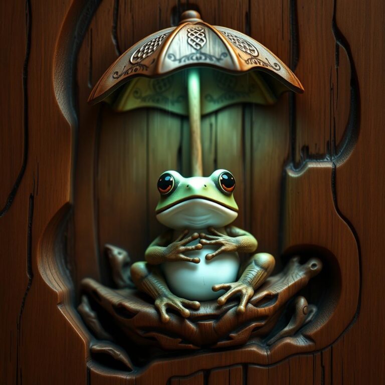 Intricate Wood Carving Of A Frog Sitting Under An Umbrella 04