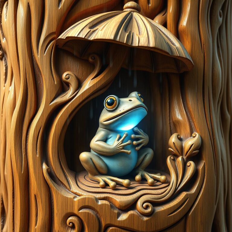 Intricate Wood Carving Of A Frog Sitting Under An Umbrella 06