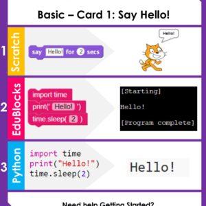 Scratch, EduBlocks, and Python Say Hello Coding Card