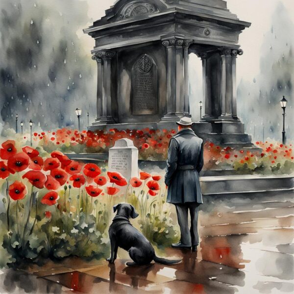 SDXL 1.0 Watercolor of an Old Dog Staring at a War Memorial 1
