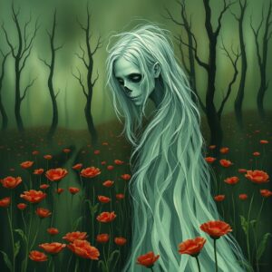 Spectral Ghost In A Field Of Red Flowers