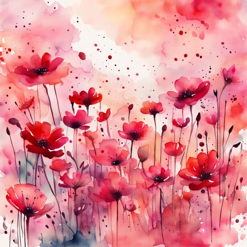 Watercolor Of A Field Of Pink And Red Flowers